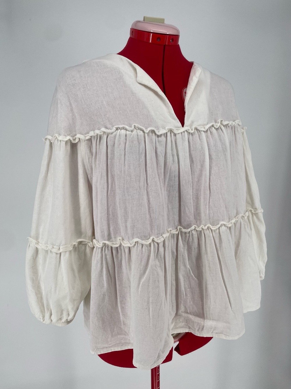 Marc New York Linen Blend Boho Tiered Ruffle Trim Coastal Puff Sleeve Top